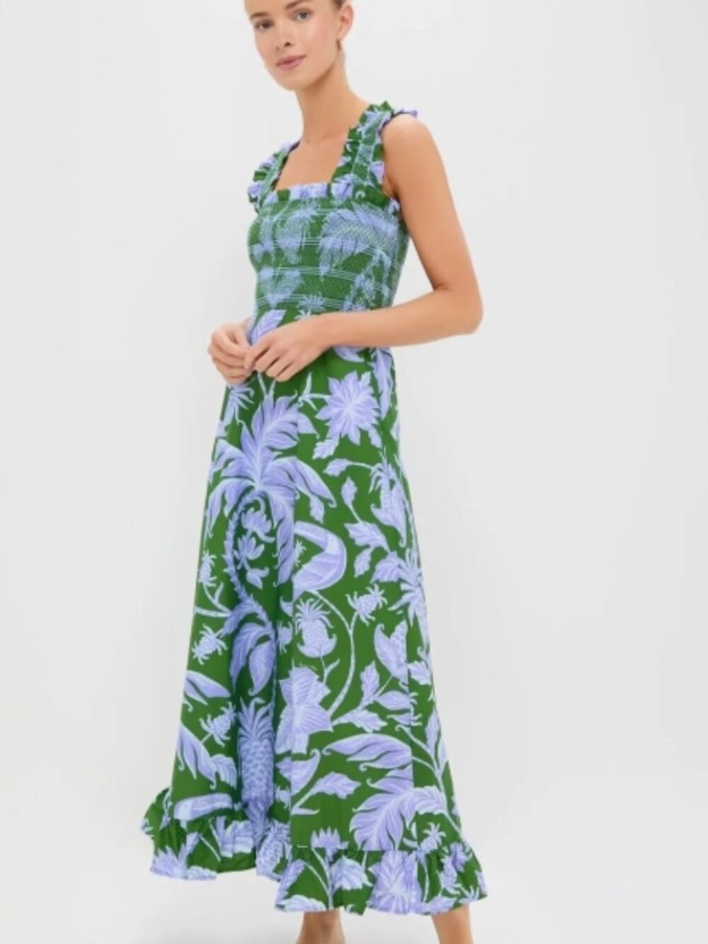 Farm Rio Tropical Swing Smocked Pineapple Green/Purple Maxi Dress Size Medium